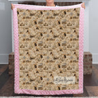 Woman holding personalized western horse blanket with custom name, pink rosette faux fur trim