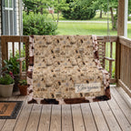 Personalized western horse blanket draped over porch swing, cow print faux fur trim