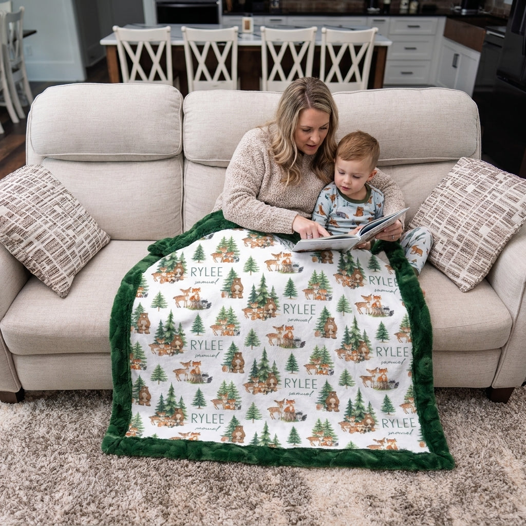 Mother and child reading together under personalized woodland animal minky blanket with green trim