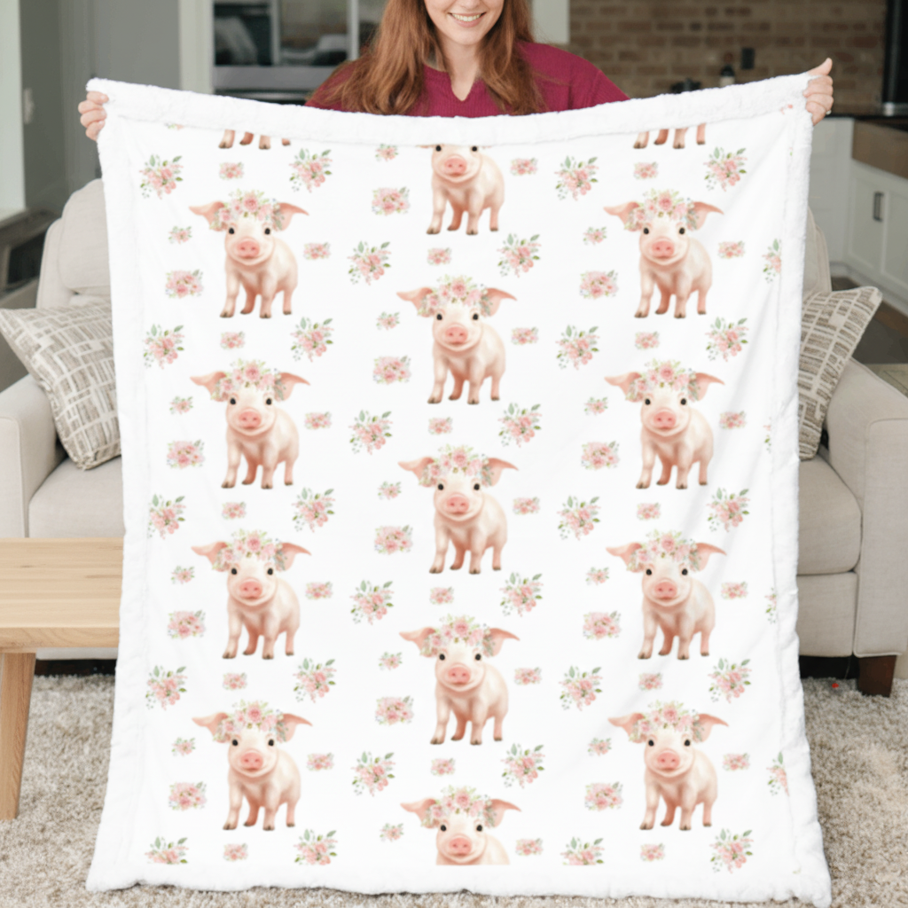 Person holding a blanket with pig pattern in a living room