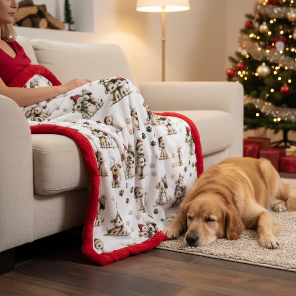 Woman sitting on a couch with a dog next to her, both under a festive blanket in a cozy living room.