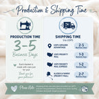 Production and shipping time chart: 3-5 day production, 1-5 day USPS shipping options