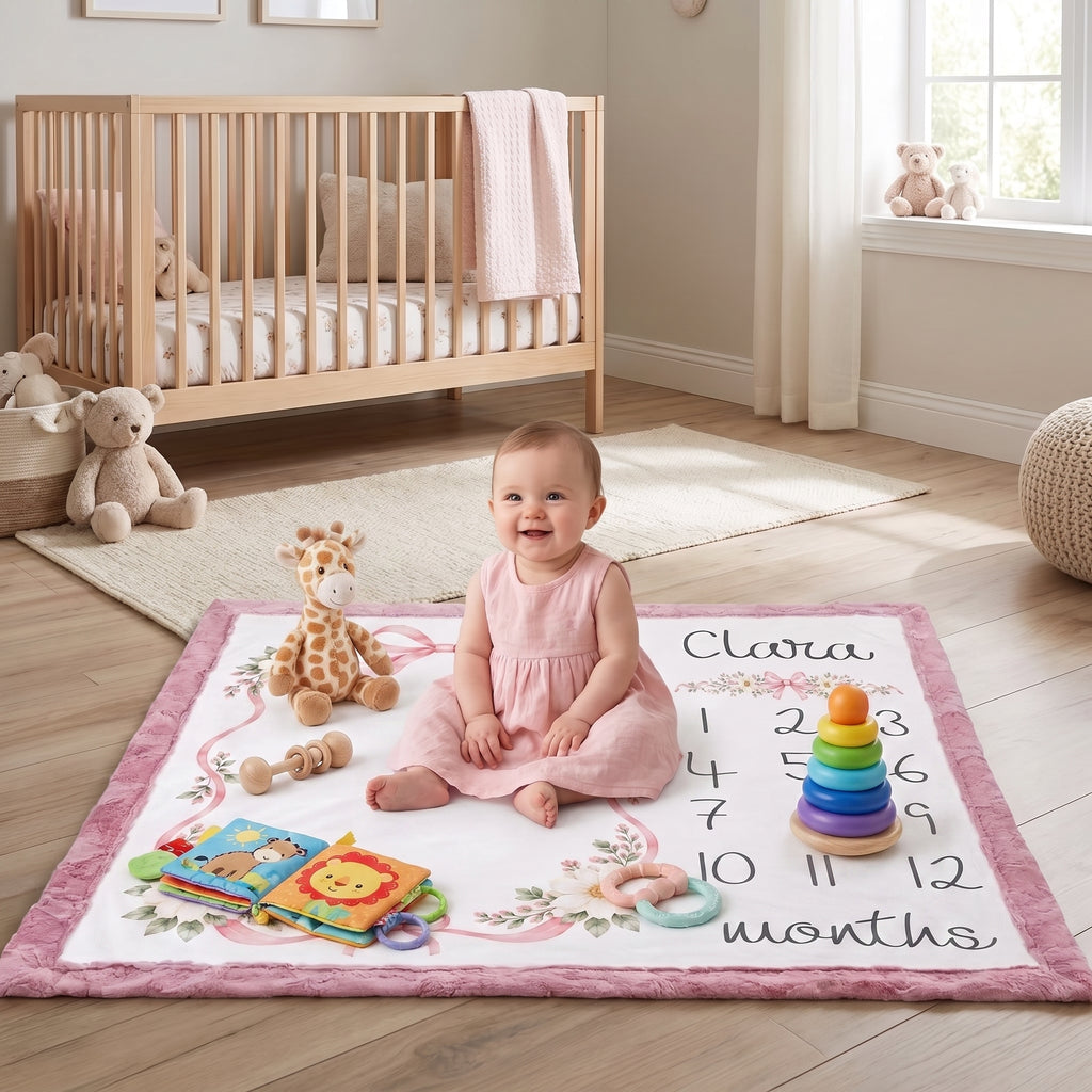A baby sits on a pink and white monthly learning mat in a bright nursery. The mat features a pink border, the name 'Clara', a numbered months calendar, and a rainbow stacking toy.