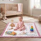 A baby sits on a pink and white monthly learning mat in a bright nursery. The mat features a pink border, the name 'Clara', a numbered months calendar, and a rainbow stacking toy.