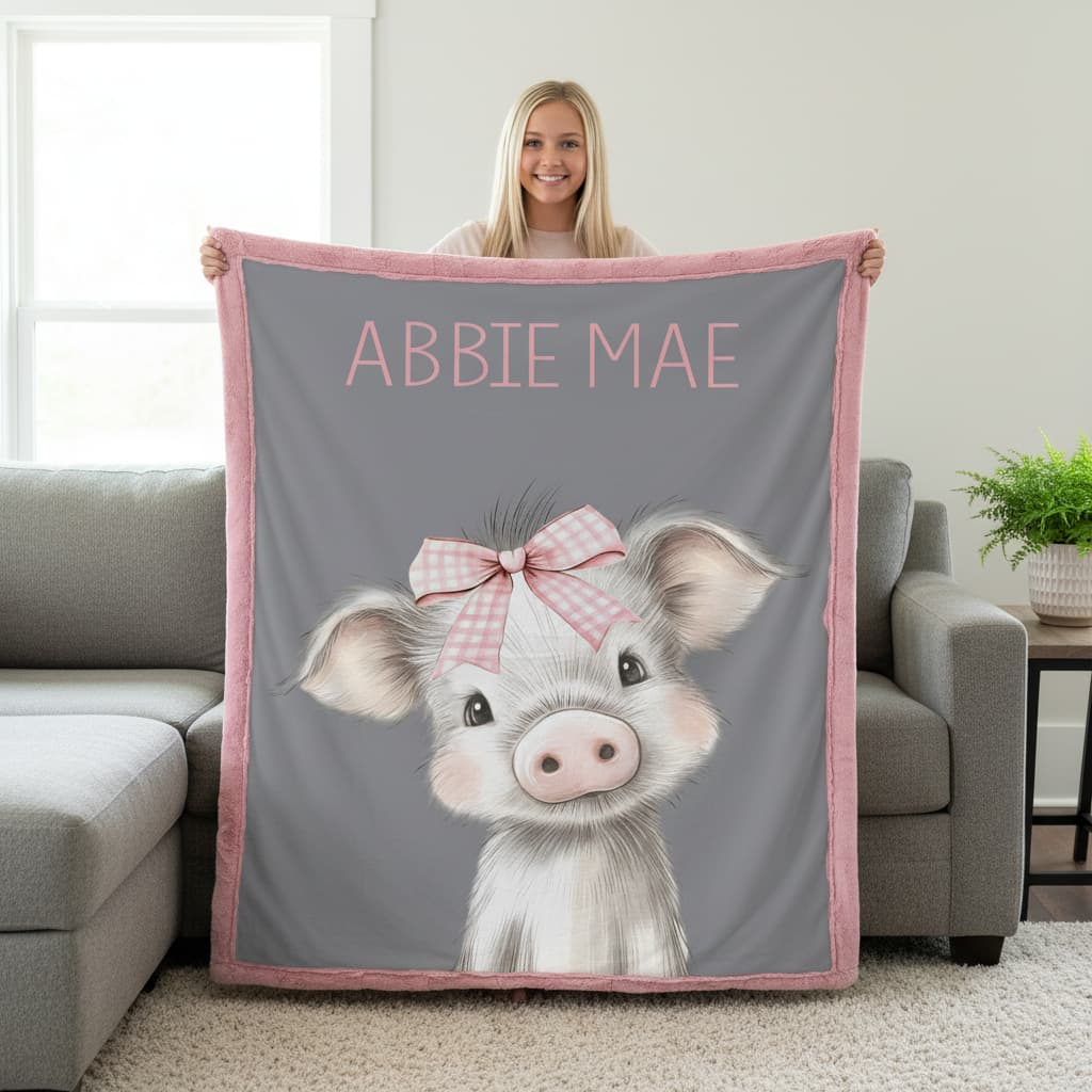 Person holding a blanket with a pig design and 'ABBBIE MAE' text in a living room.