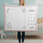 A woman stands in a nursery holding up a personalized baby blanket. The blanket has a white center with a floral border, a blue vertical stripe, and a right side printed with the name 'Kristina' and a 12-month grid.
