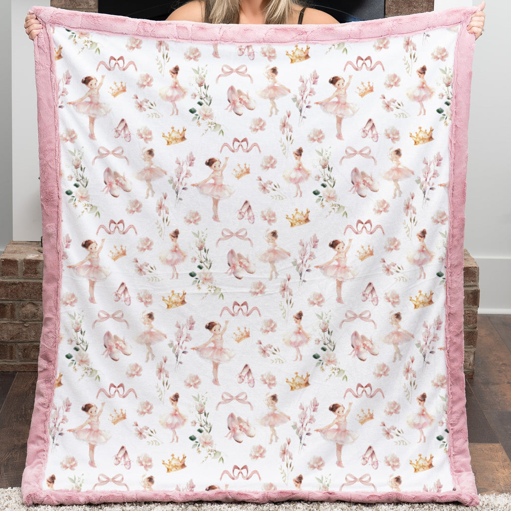 Soft pink floral ballet minky baby blanket with crown and bow design for baby girl