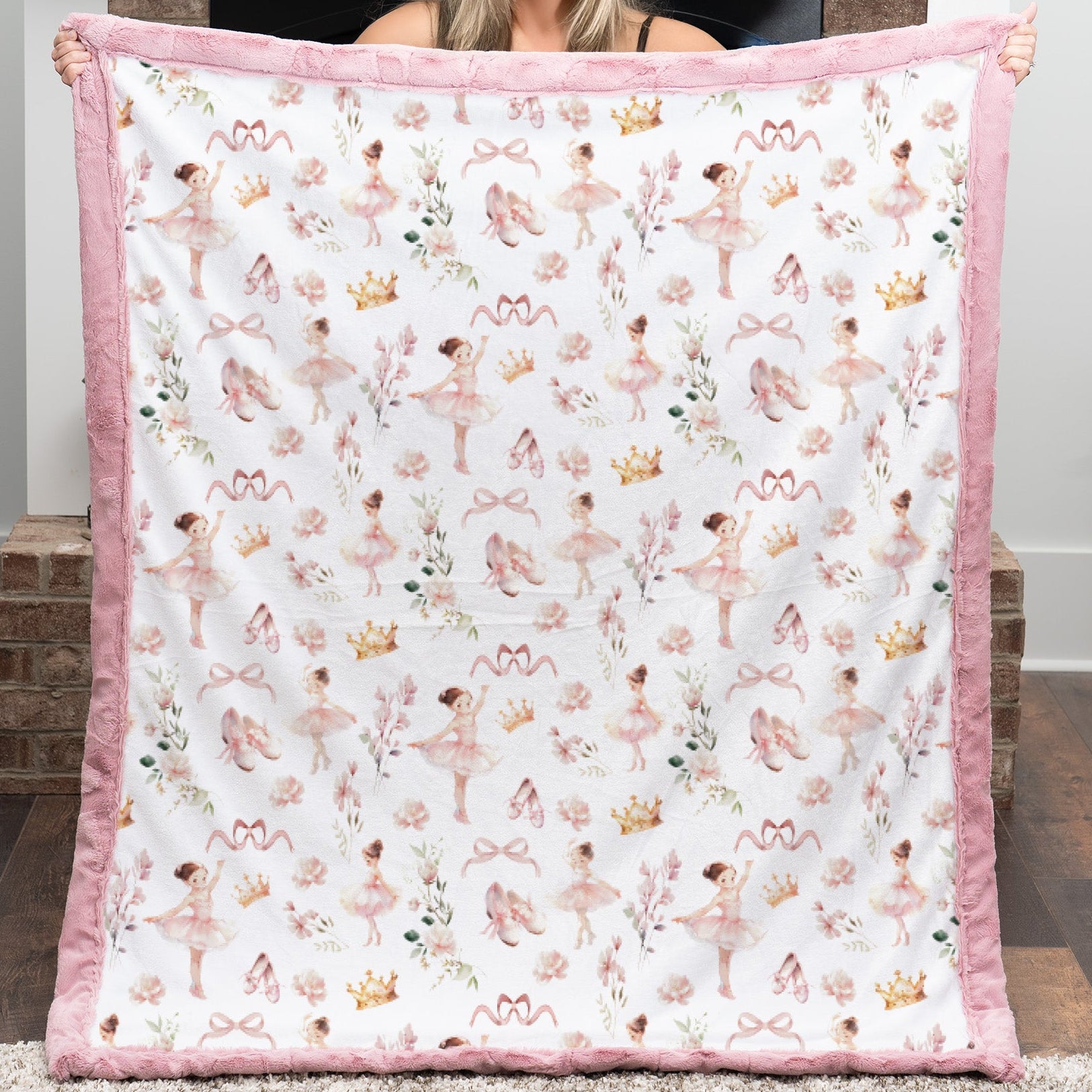 Soft pink floral ballet minky baby blanket with crown and bow design for baby girl