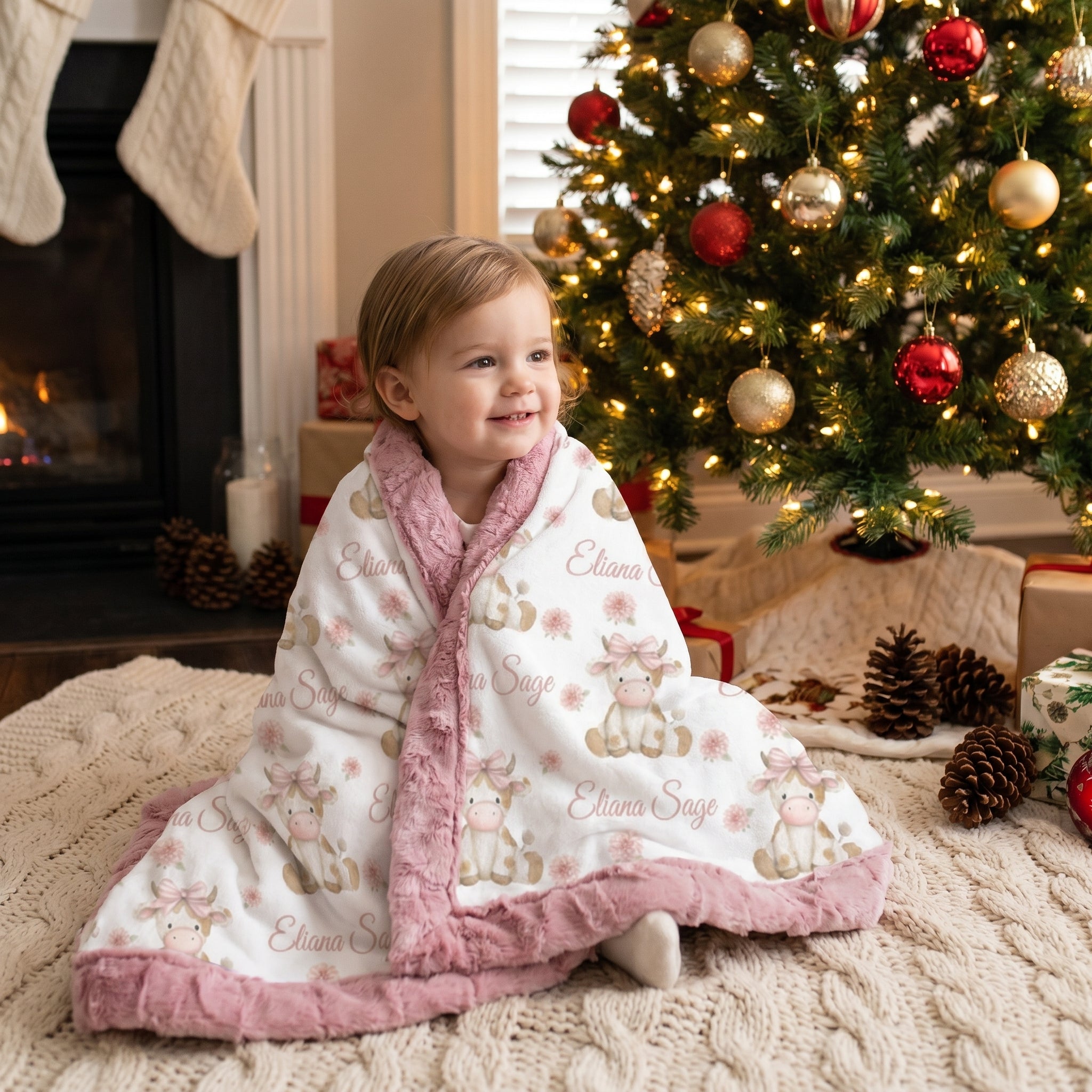 Toddler wrapped in personalized highland cow blanket by Christmas tree