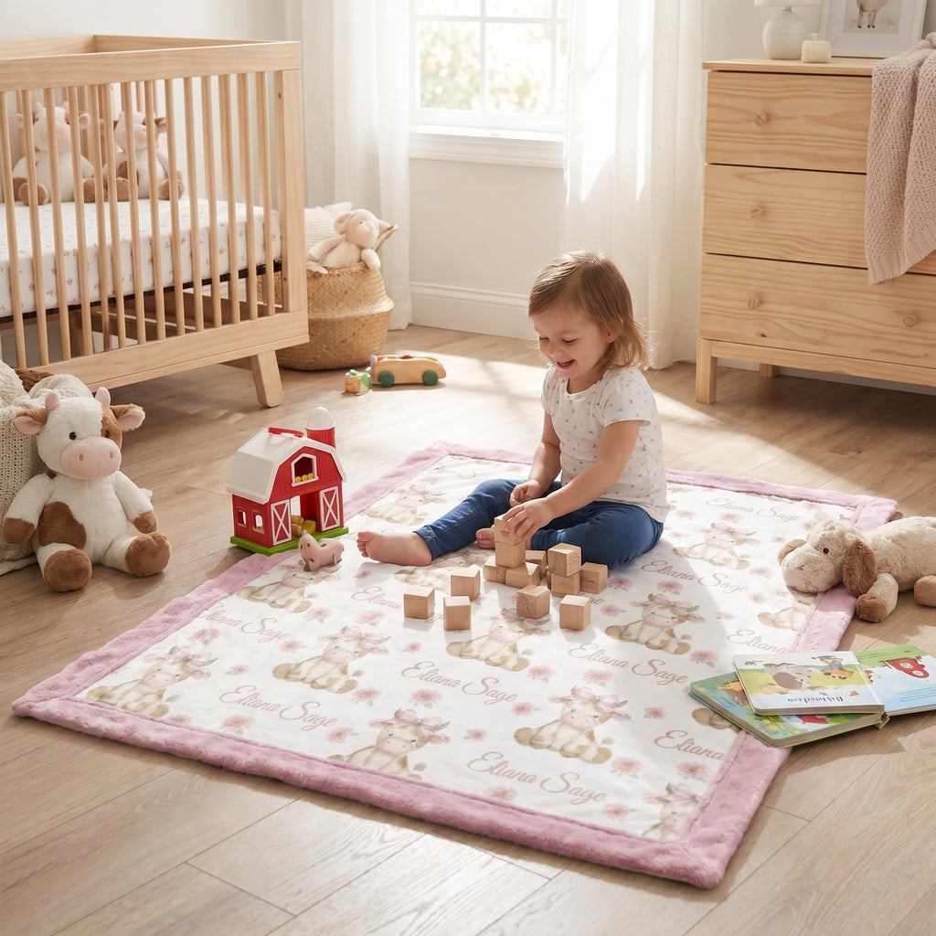 Toddler playing with blocks on personalized highland cow blanket in nursery