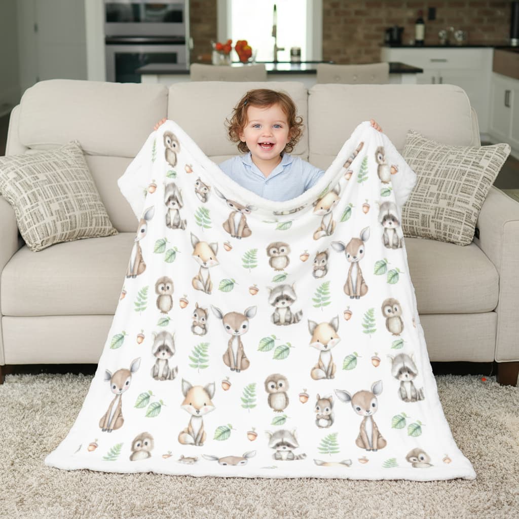 Child holding a blanket with forest animal patterns in a living room.