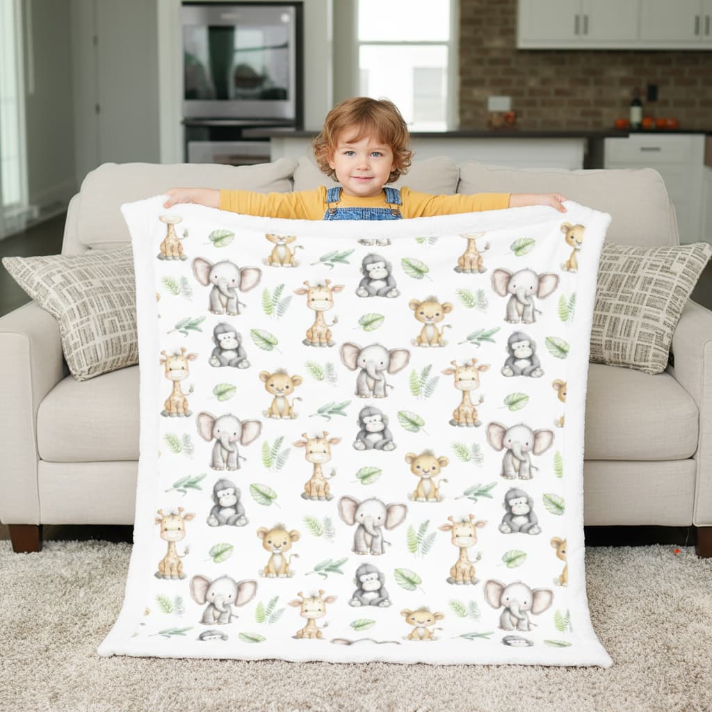 Child holding a blanket with animal pattern in a living room