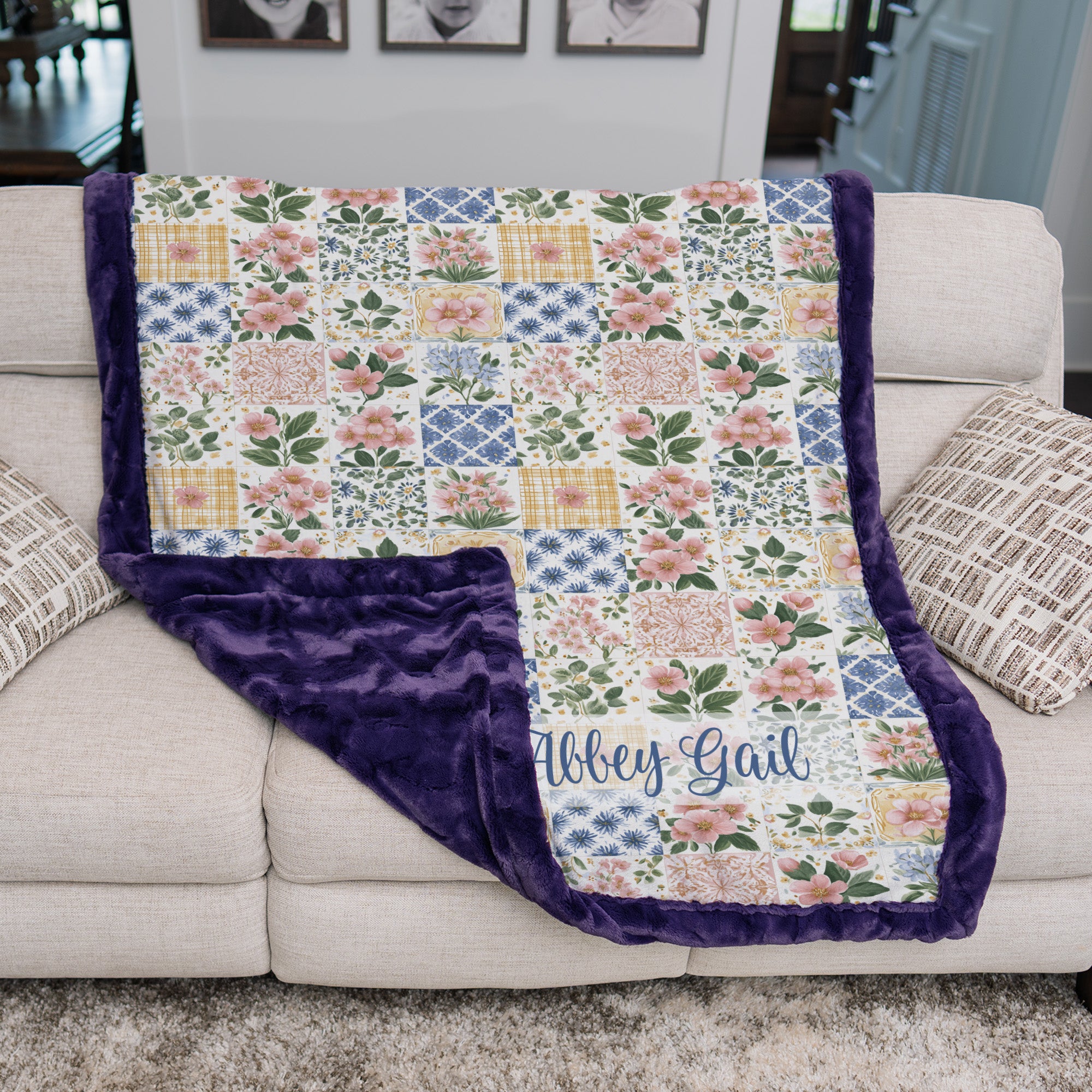 Personalized floral minky blanket flat lay with cottage floral pattern detail