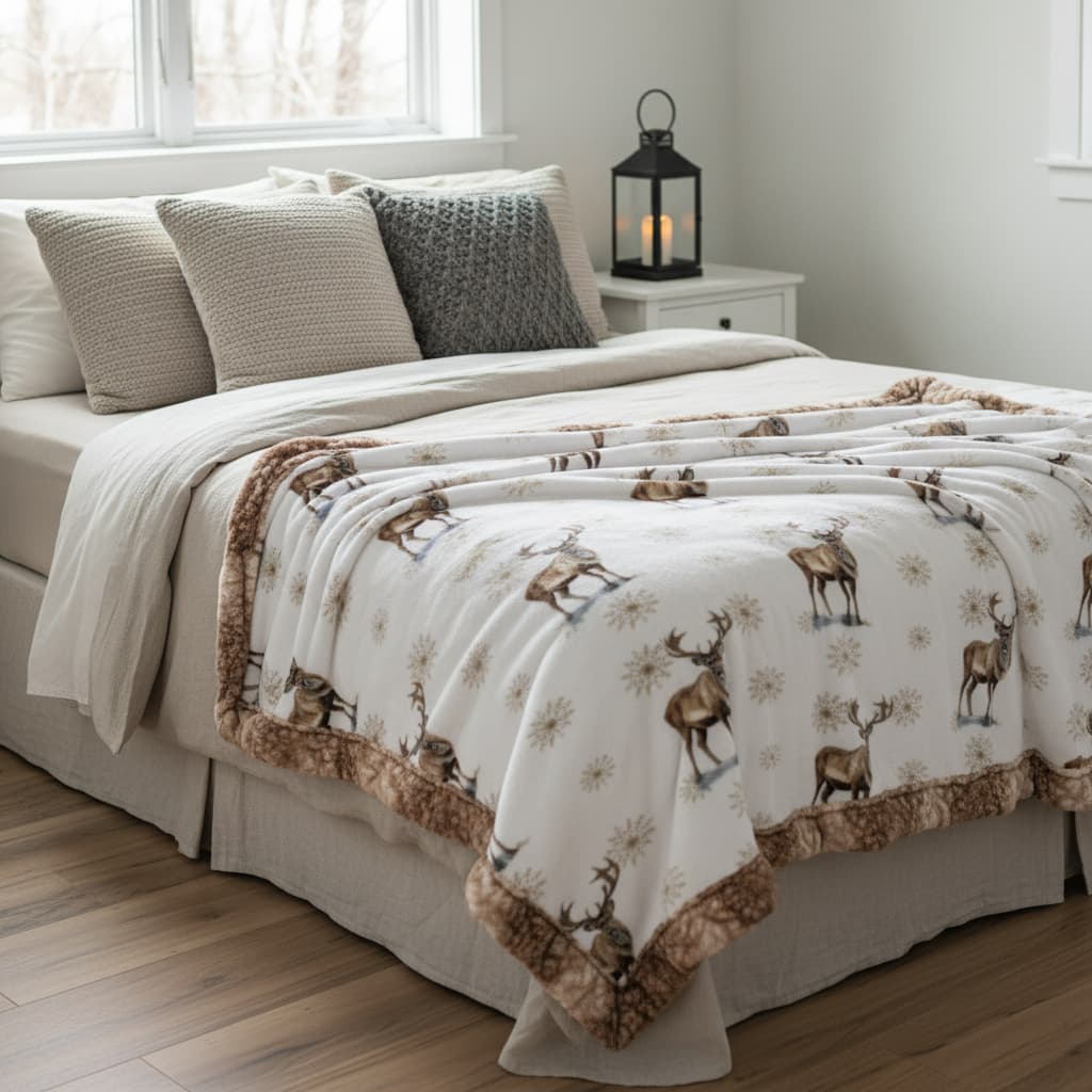 Winter elk minky blanket laid across bed in rustic woodland bedroom