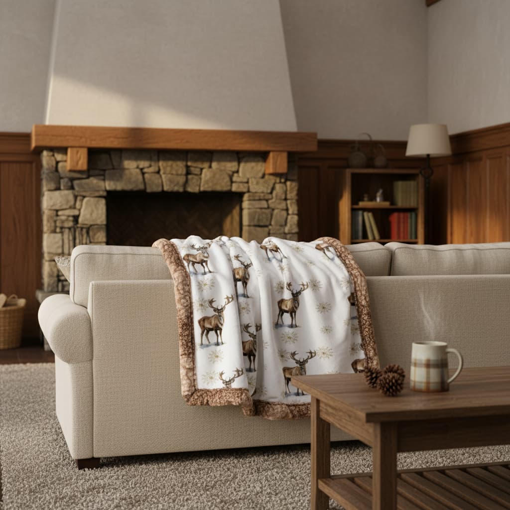 Winter elk minky blanket draped over beige sofa in living room with stone fireplace