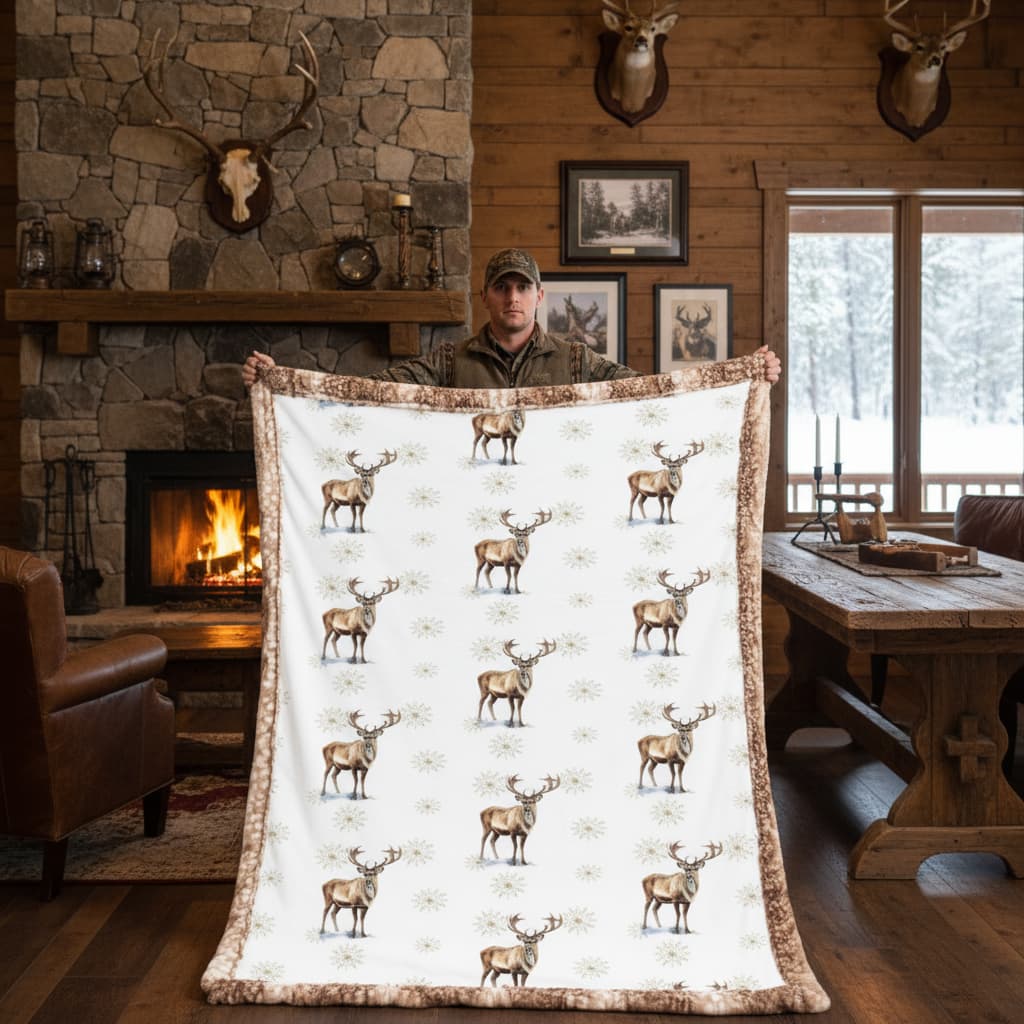 Man holding large winter elk minky blanket in cabin room with stone fireplace
