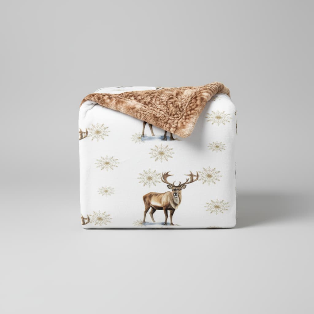 Winter elk minky blanket folded on gray background showing full elk watercolor design